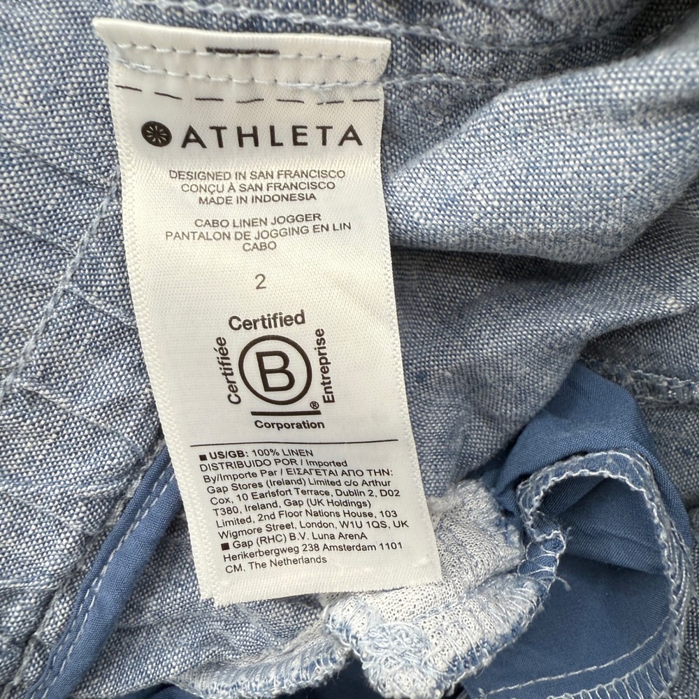 Athleta‎ Cabo 100% Linen Jogger Pants Women Size 2 Blue Drawstring Zip Pockets - Picture 4 of 8